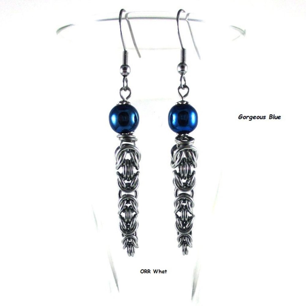 Silver Chains Blue Electroplated Hematite Gemstone Chainmail Steampunk Earrings